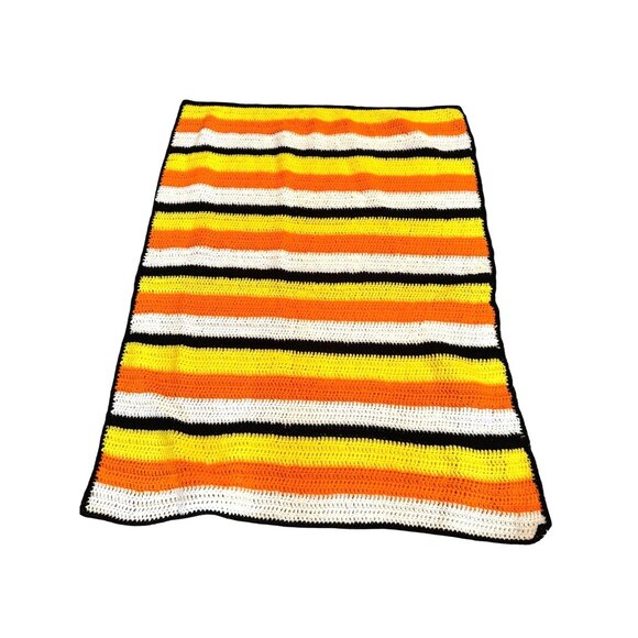 Handmade Candy Corn Stripe Crochet Throw – Vintage Style Blanket - Picture 1 of 5